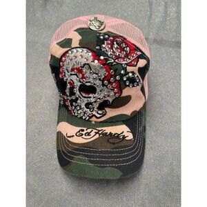 Vintage Y2K Ed Hardy Rhinestone Skull Trucker Hat 2000s 00s Lindsay Lohan LA